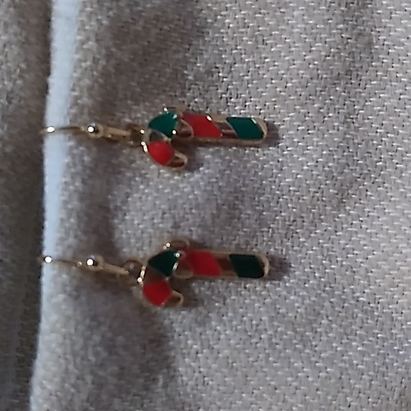 Hypoallergenic Metal Christmas Earrings Candy Cane in Gold, Red & Green - Picture 3 of 7